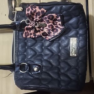 Betsy Johnson, Black Quilted Heart Pattern Handbag, Cheetah bow with Charm, Gold